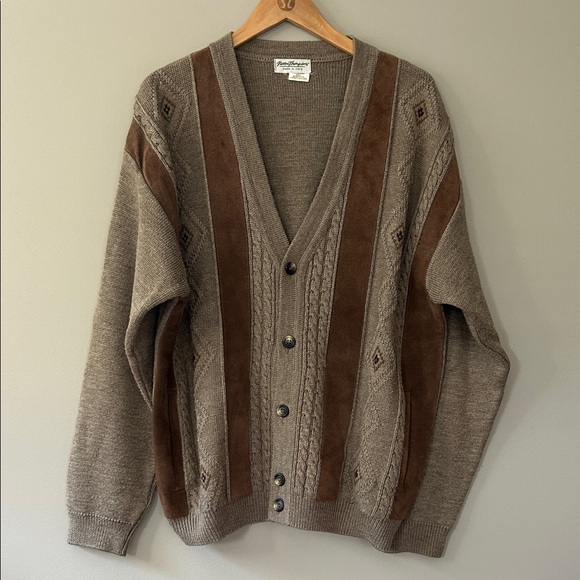 Vintage Norm Thompson Merino Wool Leather Grandpa Cardigan Size Large Brown Tan - Picture 1 of 8